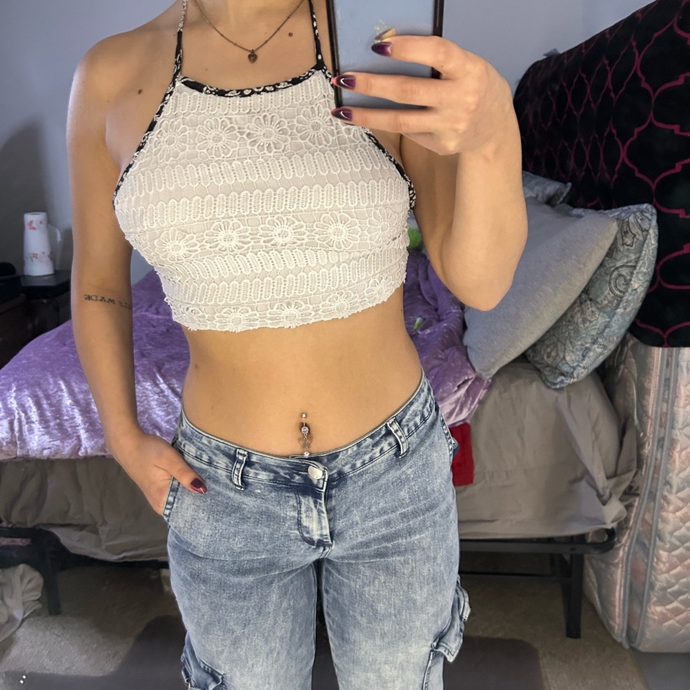 White Lace Halter Crop Top